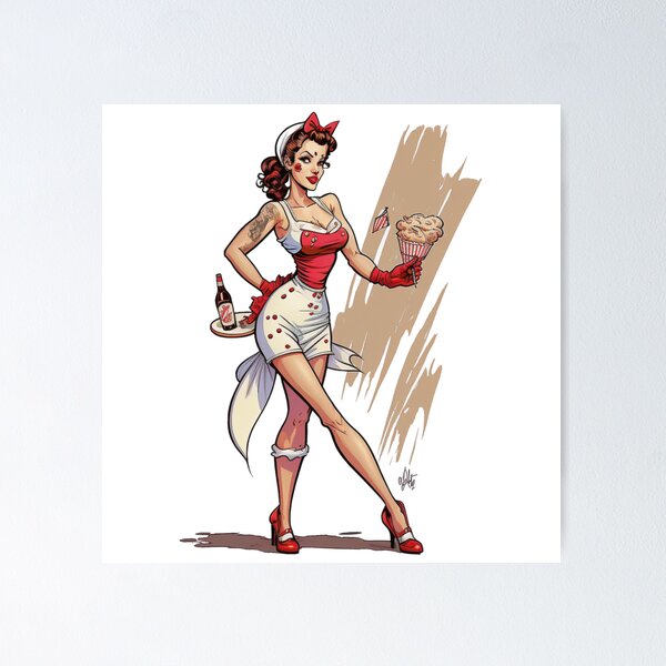 Pin Up Girl serving Food and Drinks Poster for Sale by