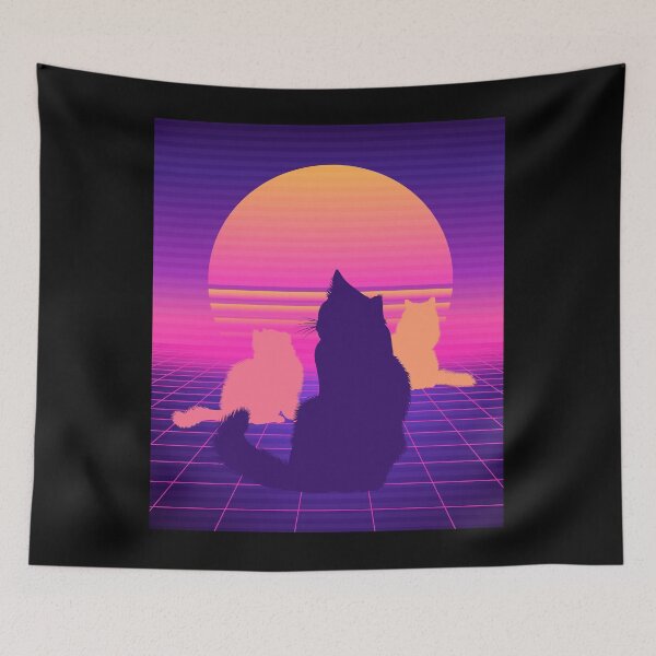 Item preview, Cat Watching Sunset Scene Synthwave Vaporwave Cats Retro Siberian Cat designed and sold by brytfanna.