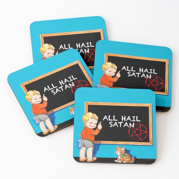 Item preview, Young boy writing all hail satan on a blackboard while a kitten looks on. designed and sold by monsterplanet.