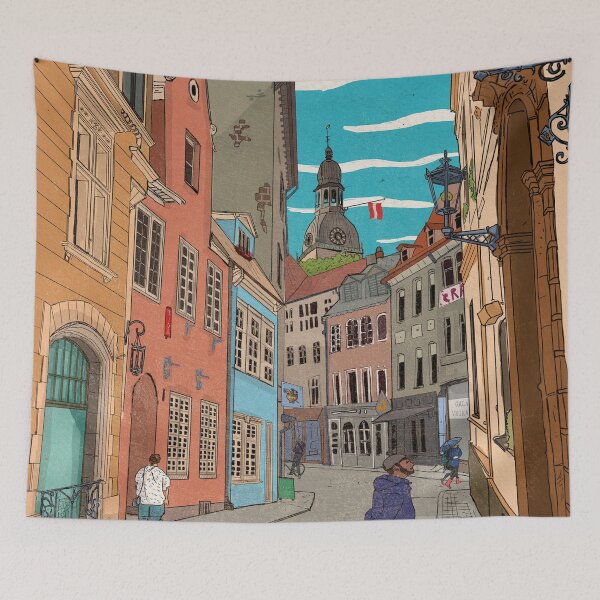 Item preview, Downtown Riga Latvia Whimsical Retro Inspired Illustration designed and sold by Wall-Art-Sketch.