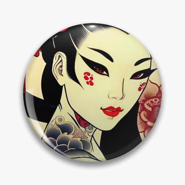 Item preview, Geisha with Red Flower and Tattoos Portrait in Traditional Japanese + Anime Style designed and sold by Ellen Davis.