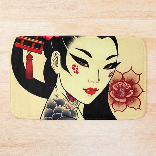 Item preview, Geisha with Red Flower and Tattoos Portrait in Traditional Japanese + Anime Style designed and sold by Ellen Davis.