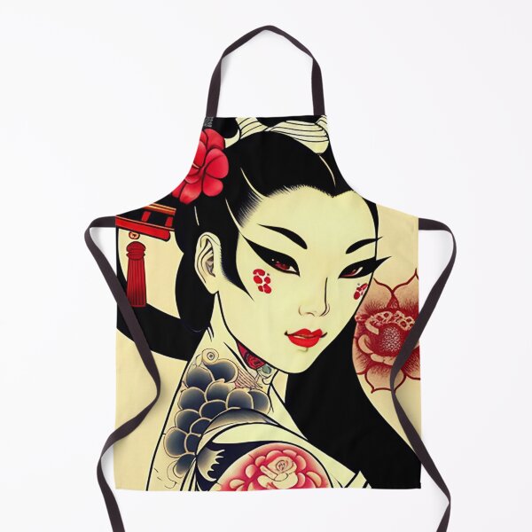 Item preview, Geisha with Red Flower and Tattoos Portrait in Traditional Japanese + Anime Style designed and sold by Ellen Davis.