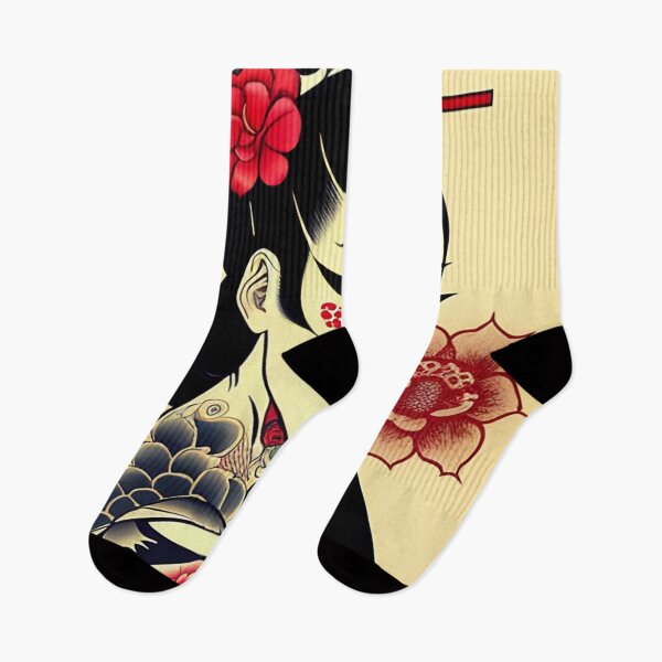 Item preview, Geisha with Red Flower and Tattoos Portrait in Traditional Japanese + Anime Style designed and sold by Ellen Davis.