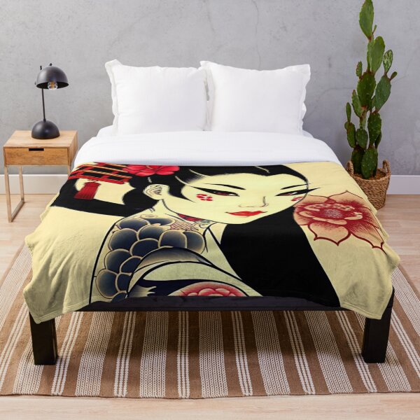 Item preview, Geisha with Red Flower and Tattoos Portrait in Traditional Japanese + Anime Style designed and sold by Ellen Davis.