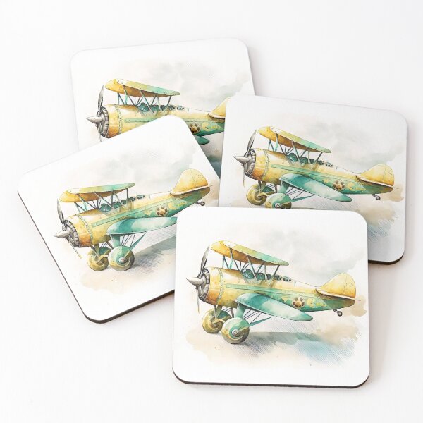 Item preview,  Watercolor Vintage Cartoon Airplane, Old Plane Digital Art for Kids, Green and Yellow Colors designed and sold by MoonFoxDesign.