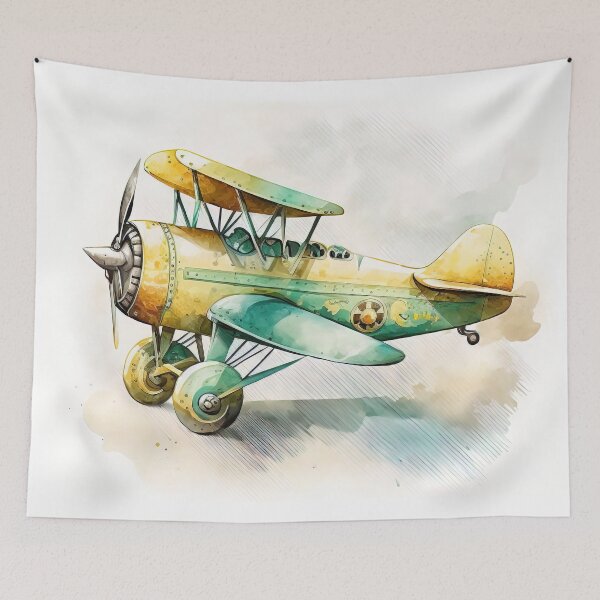 Item preview,  Watercolor Vintage Cartoon Airplane, Old Plane Digital Art for Kids, Green and Yellow Colors designed and sold by MoonFoxDesign.