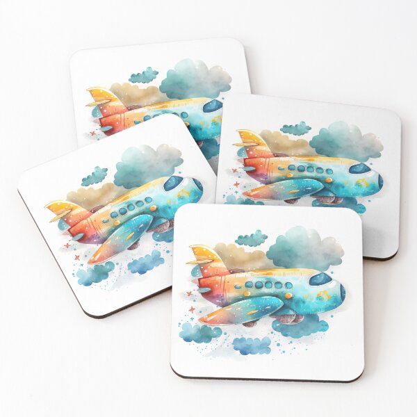 Item preview,  Watercolor Cartoon Airplane, Plane, Digital Art for Kids, Bright Blue and Orange Colors designed and sold by MoonFoxDesign.