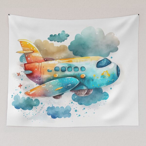 Item preview,  Watercolor Cartoon Airplane, Plane, Digital Art for Kids, Bright Blue and Orange Colors designed and sold by MoonFoxDesign.