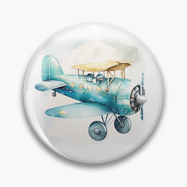 Item preview, Watercolor Vintage Cartoon Airplane, Old Plane Digital Art for Kids, Blue and Yellow Colors designed and sold by MoonFoxDesign.