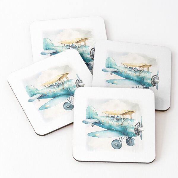 Item preview, Watercolor Vintage Cartoon Airplane, Old Plane Digital Art for Kids, Blue and Yellow Colors designed and sold by MoonFoxDesign.