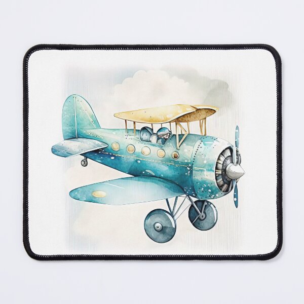 Item preview, Watercolor Vintage Cartoon Airplane, Old Plane Digital Art for Kids, Blue and Yellow Colors designed and sold by MoonFoxDesign.