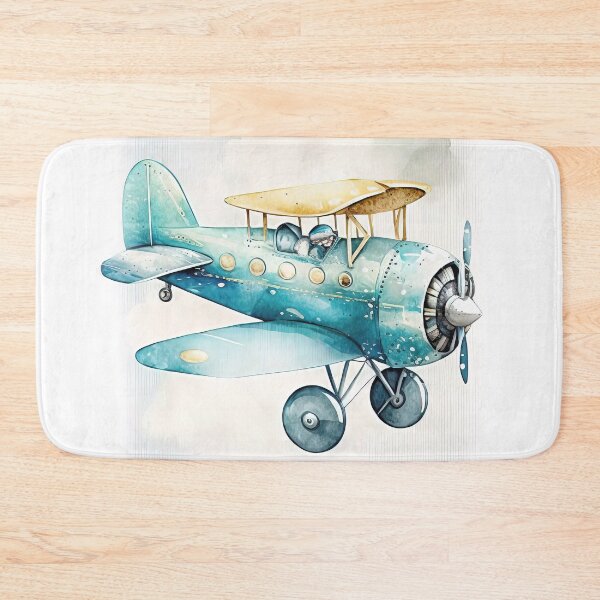 Item preview, Watercolor Vintage Cartoon Airplane, Old Plane Digital Art for Kids, Blue and Yellow Colors designed and sold by MoonFoxDesign.