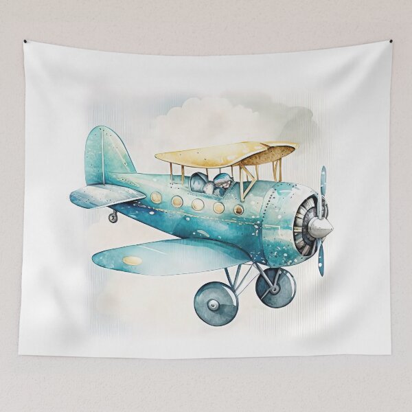 Item preview, Watercolor Vintage Cartoon Airplane, Old Plane Digital Art for Kids, Blue and Yellow Colors designed and sold by MoonFoxDesign.