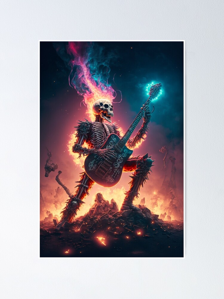 Rock music retro poster design with electric guitar and fire