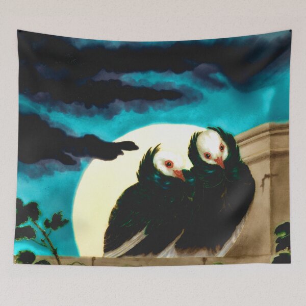 Item preview, Vintage painting of two birds, a moon and a stormy night sky designed and sold by SpiritedArtwork.