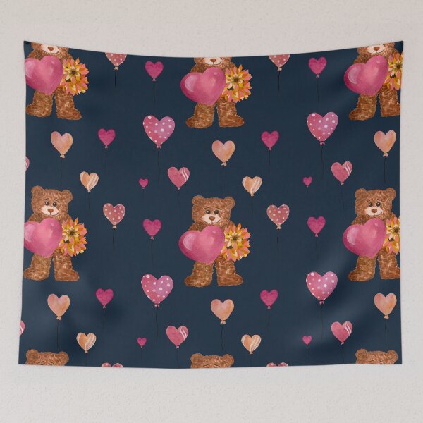 Item preview, Bear heart flower balloon cute pattern watercolor blue designed and sold by Yana Mustafina | Boho Soulful Designs.