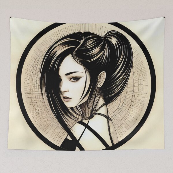 Item preview, Profile Portrait of Irezumi Woman in Circle (Traditional Japanese/Anime Style, Black and White) designed and sold by Ellen Davis.