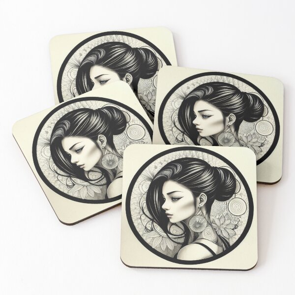 Item preview, Profile Portrait of Irezumi Woman in Circle (Traditional Japanese/Anime Style, Black and White) designed and sold by Ellen Davis.