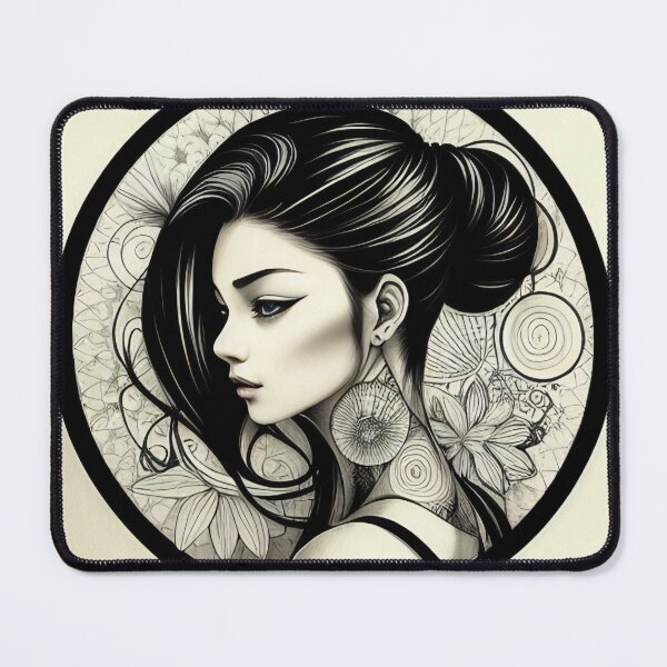 Item preview, Profile Portrait of Irezumi Woman in Circle (Traditional Japanese/Anime Style, Black and White) designed and sold by Ellen Davis.