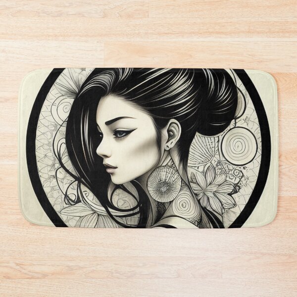 Item preview, Profile Portrait of Irezumi Woman in Circle (Traditional Japanese/Anime Style, Black and White) designed and sold by Ellen Davis.