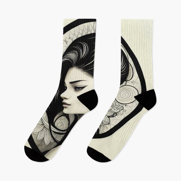 Item preview, Profile Portrait of Irezumi Woman in Circle (Traditional Japanese/Anime Style, Black and White) designed and sold by Ellen Davis.