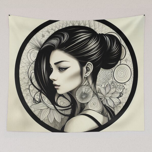 Item preview, Profile Portrait of Irezumi Woman in Circle (Traditional Japanese/Anime Style, Black and White) designed and sold by Ellen Davis.
