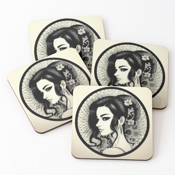 Item preview, Profile Portrait of Irezumi Woman in Circle (Traditional Japanese / Anime Style, Black and White) designed and sold by Ellen Davis.