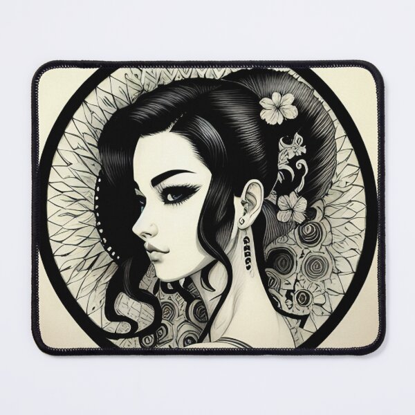 Item preview, Profile Portrait of Irezumi Woman in Circle (Traditional Japanese / Anime Style, Black and White) designed and sold by Ellen Davis.