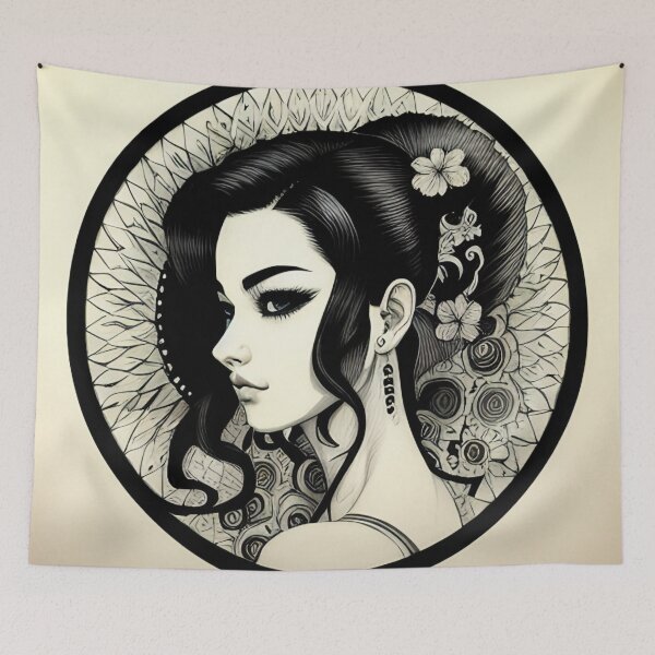 Item preview, Profile Portrait of Irezumi Woman in Circle (Traditional Japanese / Anime Style, Black and White) designed and sold by Ellen Davis.