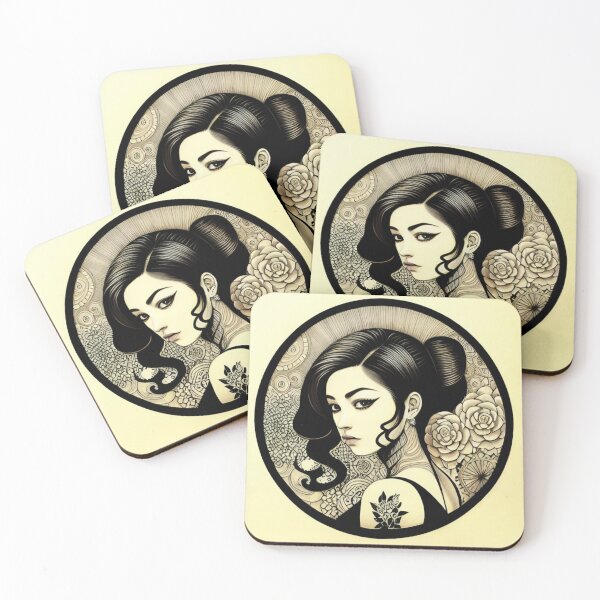 Item preview, Profile Portrait of Irezumi Woman in Circle (Traditional Japanese / Anime Style, Black and White) designed and sold by Ellen Davis.