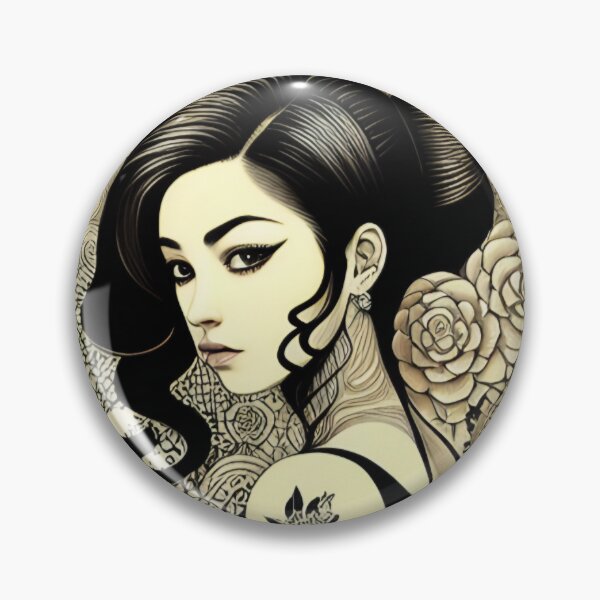 Item preview, Retrato de perfil de mujer Irezumi en círculo (estilo tradicional japonés/anime, blanco y negro) designed and sold by Ellen Davis.