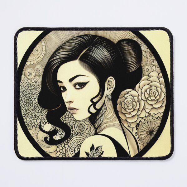 Item preview, Profile Portrait of Irezumi Woman in Circle (Traditional Japanese / Anime Style, Black and White) designed and sold by Ellen Davis.