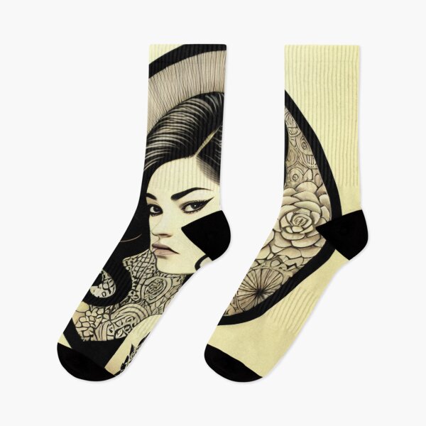 Item preview, Profile Portrait of Irezumi Woman in Circle (Traditional Japanese / Anime Style, Black and White) designed and sold by Ellen Davis.