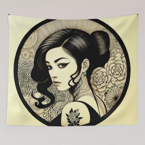 Item preview, Profile Portrait of Irezumi Woman in Circle (Traditional Japanese / Anime Style, Black and White) designed and sold by Ellen Davis.