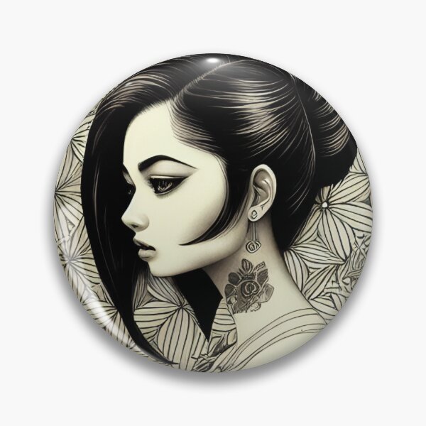 Item preview, Profile Portrait of Woman in Circle (Traditional Japanese / Anime Style, Black and White) designed and sold by Ellen Davis.
