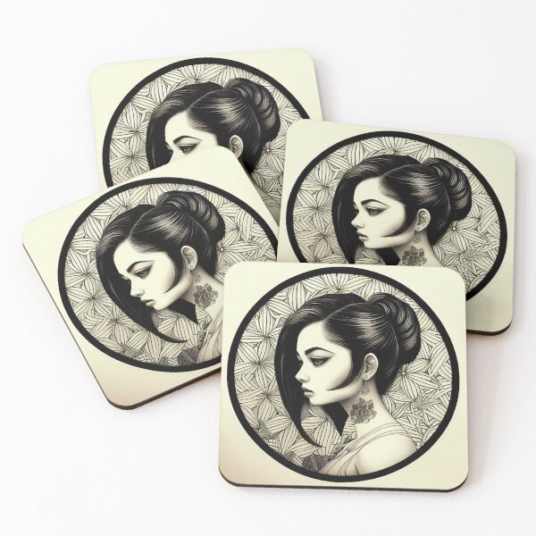 Item preview, Profile Portrait of Woman in Circle (Traditional Japanese / Anime Style, Black and White) designed and sold by Ellen Davis.