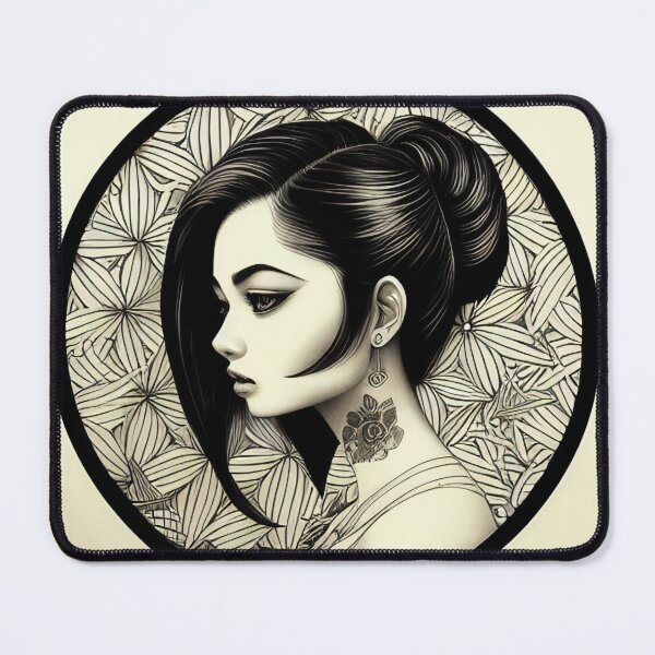 Item preview, Profile Portrait of Woman in Circle (Traditional Japanese / Anime Style, Black and White) designed and sold by Ellen Davis.