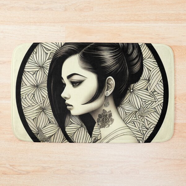 Item preview, Profile Portrait of Woman in Circle (Traditional Japanese / Anime Style, Black and White) designed and sold by Ellen Davis.