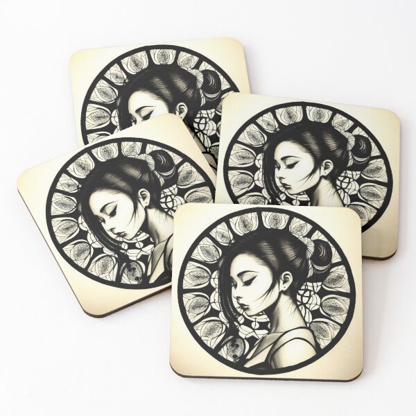 Item preview, Profile Portrait of Woman in Circle (Traditional Japanese / Anime Style, Black and White) designed and sold by Ellen Davis.