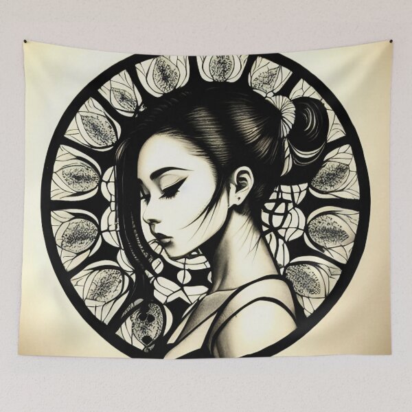 Item preview, Profile Portrait of Woman in Circle (Traditional Japanese / Anime Style, Black and White) designed and sold by Ellen Davis.
