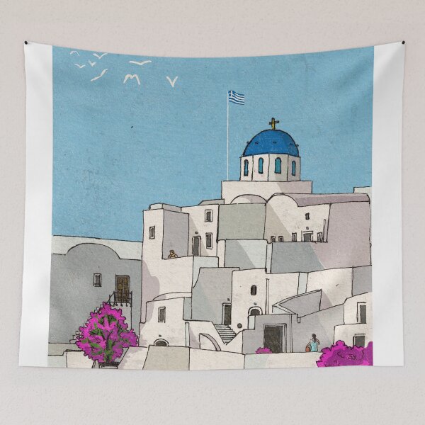 Item preview, Oia Santorini Greece Whimsical Illustration designed and sold by Wall-Art-Sketch.