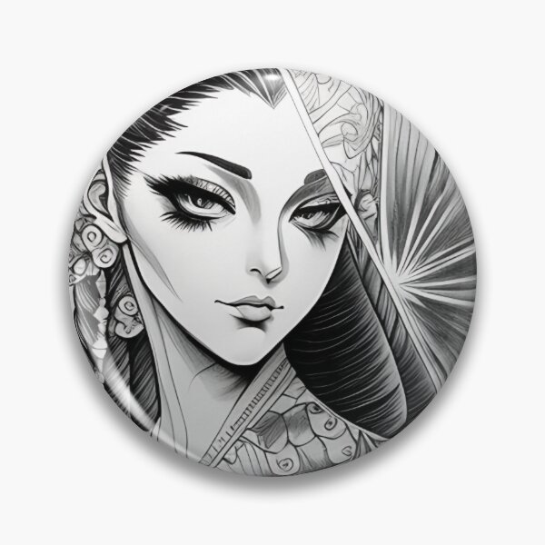 Item preview, Pencil Portrait of Irezumi Woman in Circle (Traditional Japanese/Anime Style, Black and White) designed and sold by Ellen Davis.