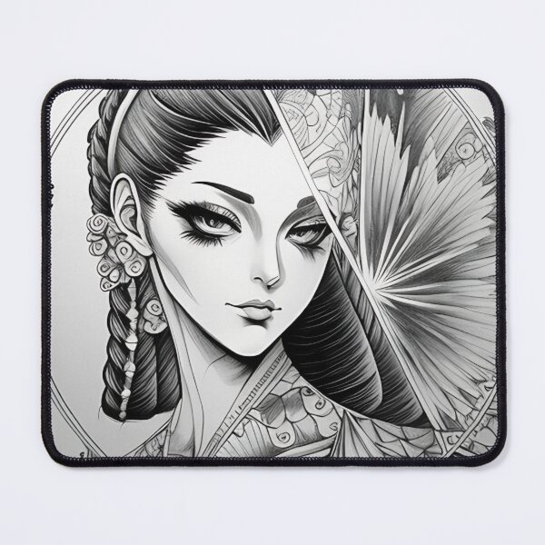 Item preview, Pencil Portrait of Irezumi Woman in Circle (Traditional Japanese/Anime Style, Black and White) designed and sold by Ellen Davis.