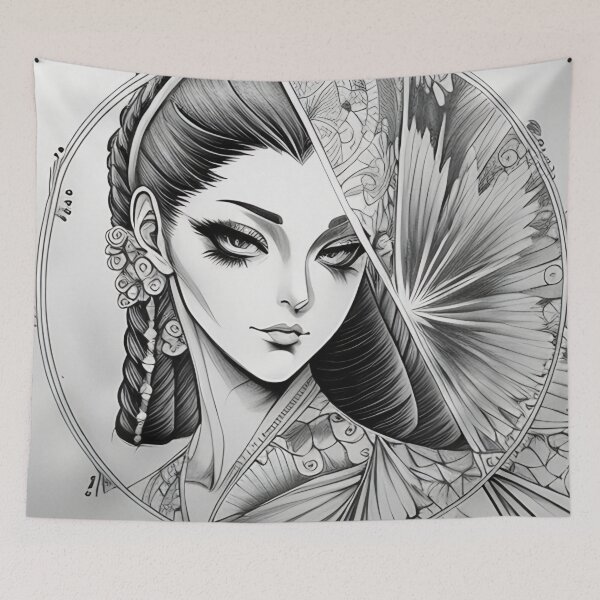 Item preview, Pencil Portrait of Irezumi Woman in Circle (Traditional Japanese/Anime Style, Black and White) designed and sold by Ellen Davis.