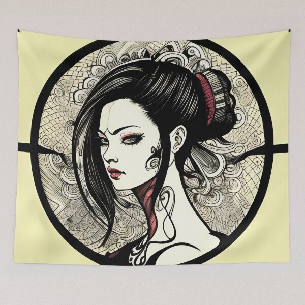 Item preview, Profile Portrait of Woman in Circle (Traditional Japanese / Anime Style / Gothic) designed and sold by Ellen Davis.