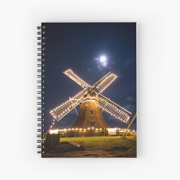 Item preview, Dutch Windmill and full moon with winter christmas lights in Netherlands, Holland at night designed and sold by aquinoxmedia.