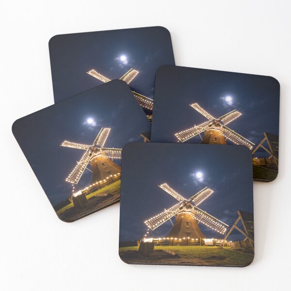 Item preview, Dutch Windmill and full moon with winter christmas lights in Netherlands, Holland at night designed and sold by aquinoxmedia.