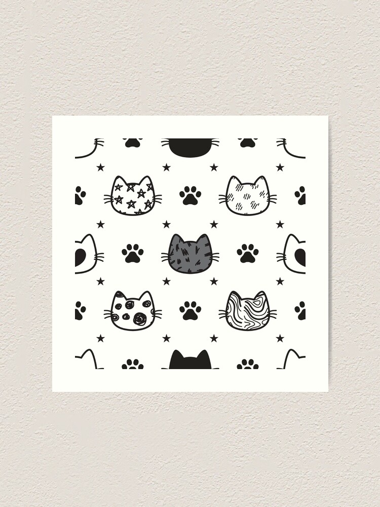 Chat noir et blanc Kawaii chats mignons Mochi Peach Cat Head Doodle Seamless Pattern Print Impression artistique