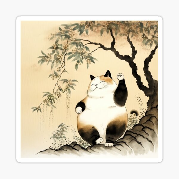 Vista previa del artículo con la obra «Gato gordo Maneki-neko en un árbol», diseñado y vendido por avancee.